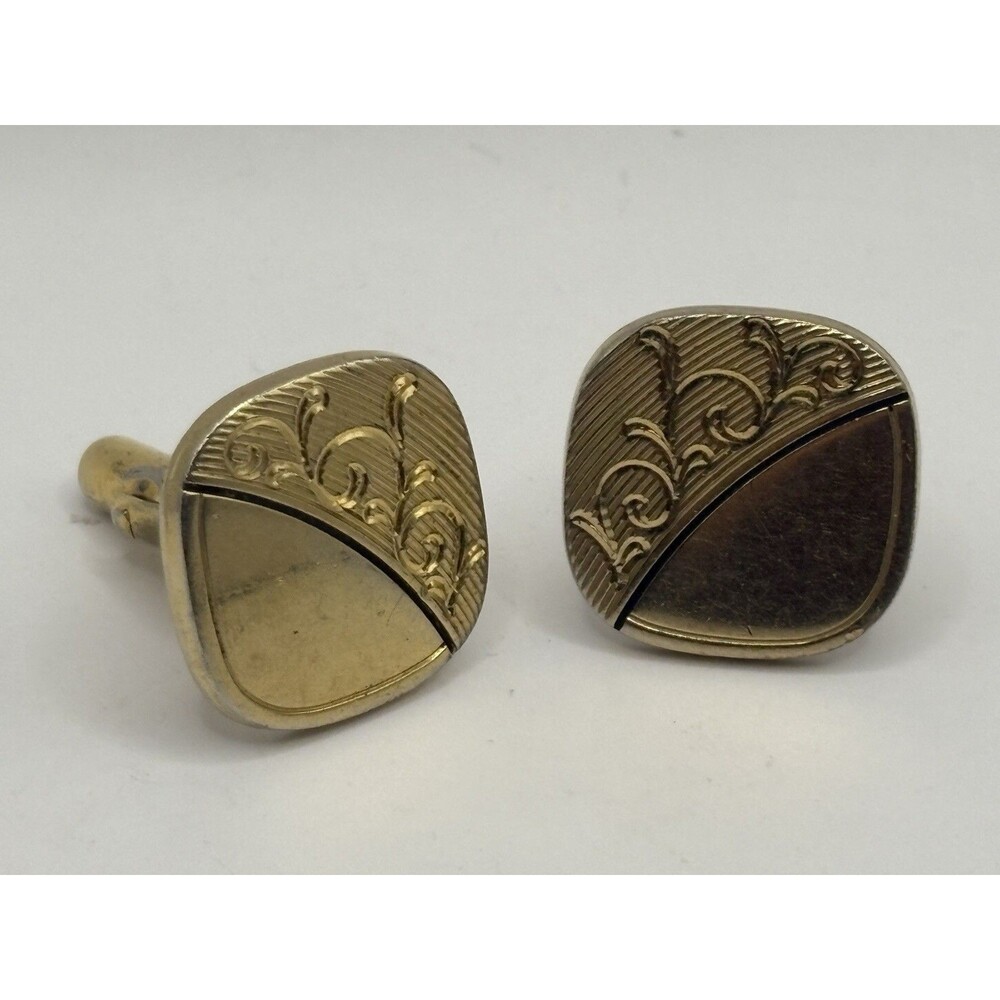 Vintage Gold Tone Cufflinks Geometric Scroll Engraved Design Mid Century Modern